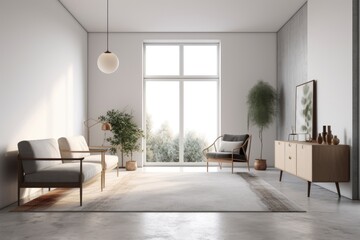 Fototapeta premium cozy living room with a large window and comfortable furniture. Generative AI