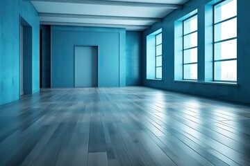 Illustration of an Empty Room with Blue Walls and Wooden Floors. Generative AI