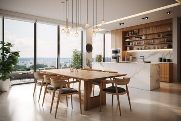 bright and spacious dining room with a large window and comfortable seating. Generative AI
