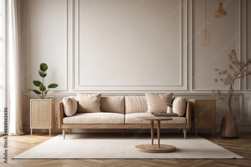 Canvas Prints Cozy Living Room with a Comfortable Sofa and Coffee Table. Generative AI