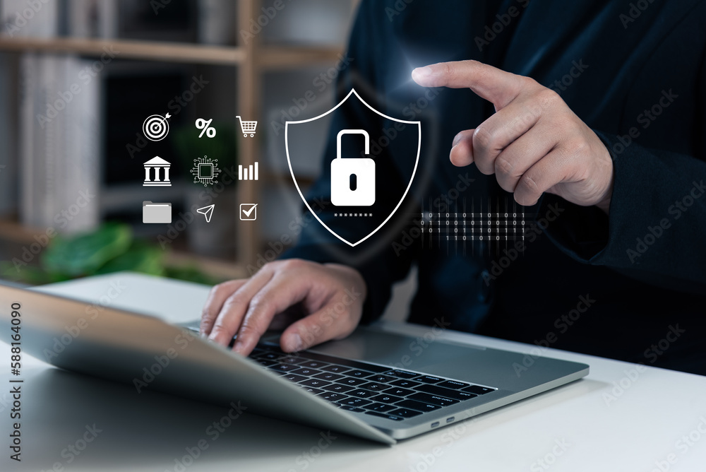 Poster cyber security authentication basic concept, businessman touching virtual screen fingerprint recogni