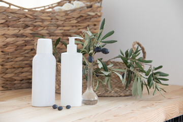 Face care and skin care, health and beauty concept with copy space. Scandinavian kitchen interior. Surface of a wooden table.