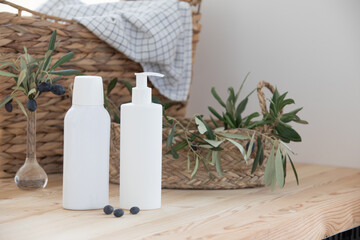 Face care and skin care, health and beauty concept with copy space. Scandinavian kitchen interior. Surface of a wooden table.