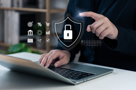 Cyber security authentication basic concept, businessman touching virtual screen fingerprint recognition to unlock, padlock, business financial ecosystem, shopping online, document, success, AI tech.