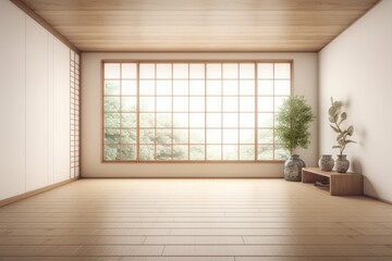 Obraz premium Bright and Airy Room with Large Window and Lush Green Plants. Generative AI