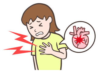 心臓発作を起こして手で胸を抑える女性、激しい胸痛