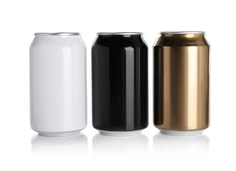 Aluminum cans with drinks on white background