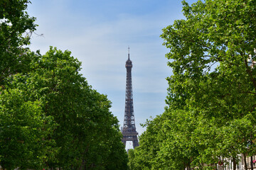 Paris, France. The Eiffel Tower seen from Avenue de Saxe. May 14, 2022.