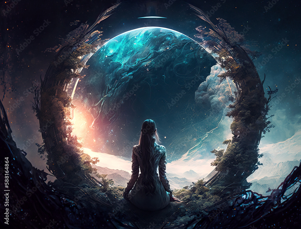 Poster looking at portal to another planet - generative ai