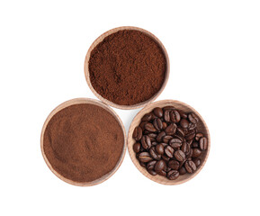 Bowls of beans, instant and ground coffee on white background, top view