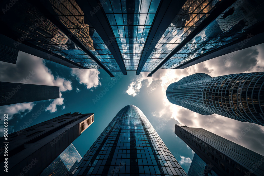 Aufkleber looking up at skyscrapers from low angle. generative ai..