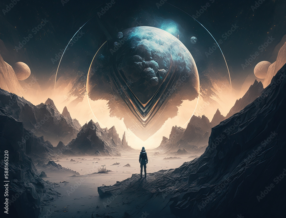 Poster looking at portal to another planet - generative ai