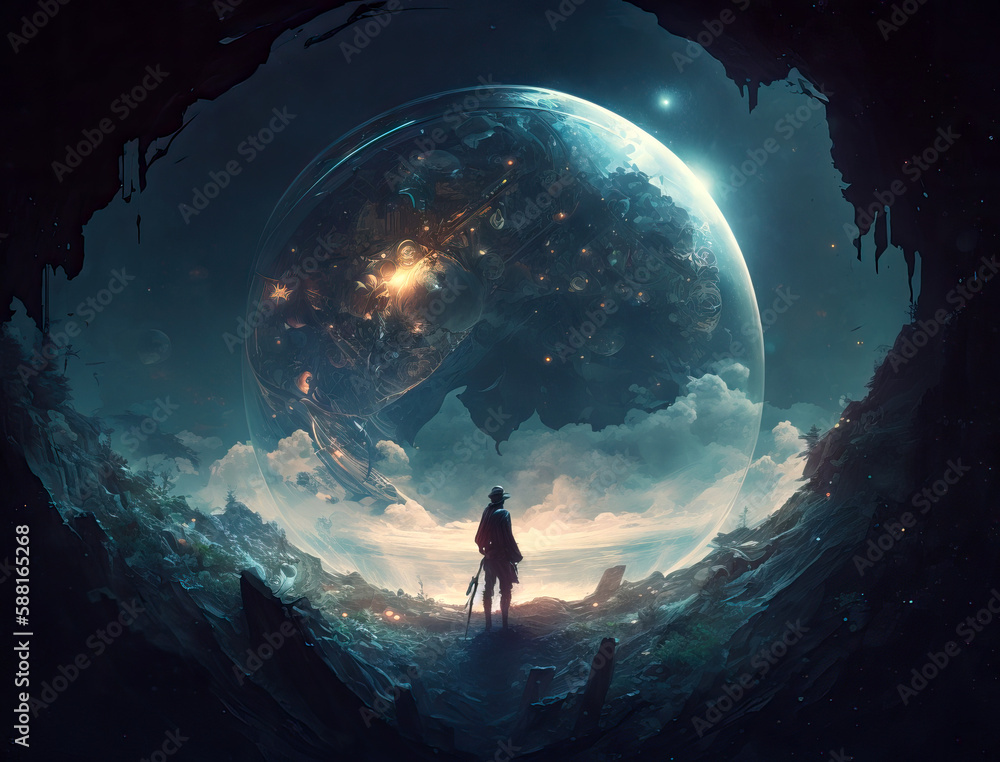 Poster looking at portal to another planet - generative ai