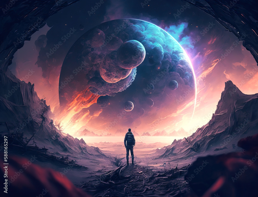 Poster looking at portal to another planet - generative ai