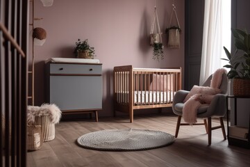 Fototapeta premium cozy and functional baby's room with furniture essentials. Generative AI