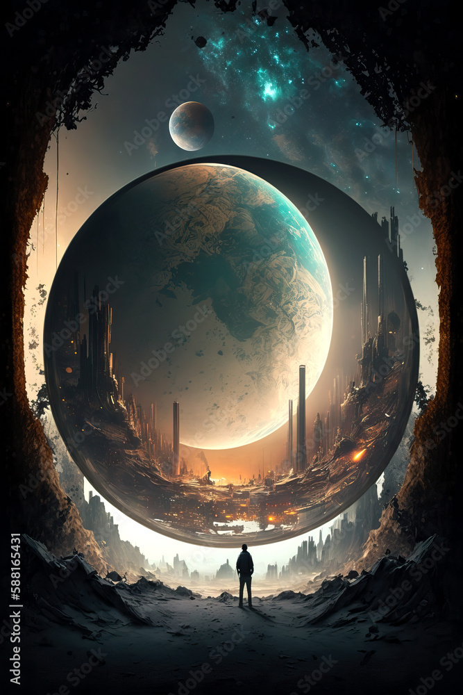 Poster looking at portal to another planet - generative ai