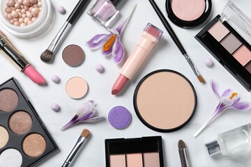 Flat lay composition with different makeup products and beautiful crocuses on white marble table