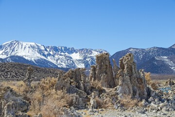 Strange "tufa" spires rise from Mono Lake, some of the remains of an ancient inland sea that now is a smaller salty lake at the base of the Sierra Nevada Mountains