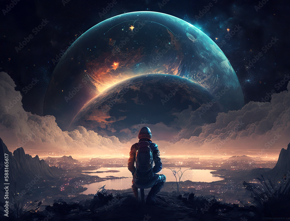 Aufkleber looking at portal to another planet - generative ai