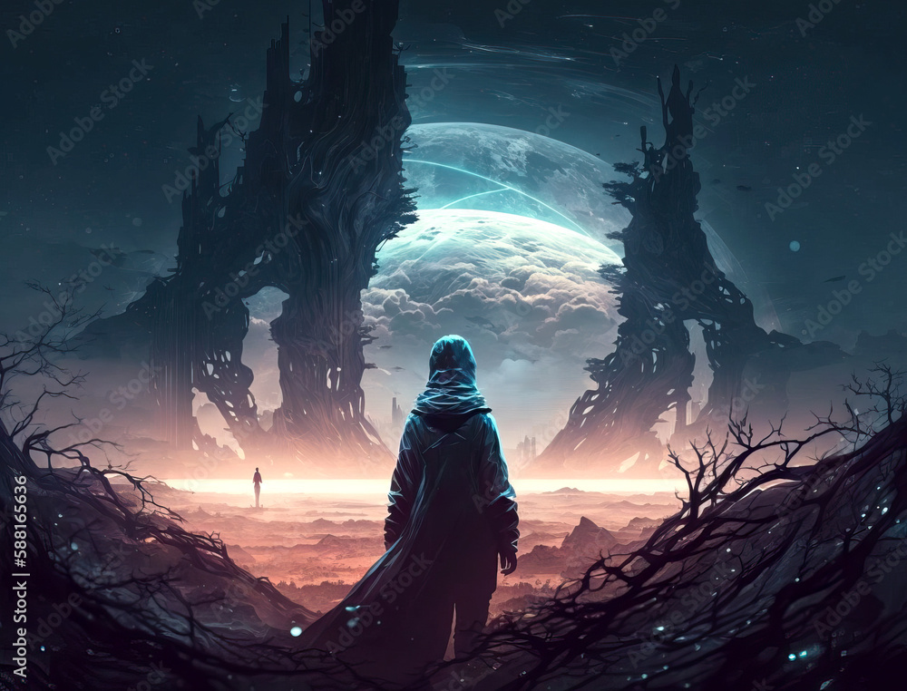 Poster looking at portal to another planet - generative ai