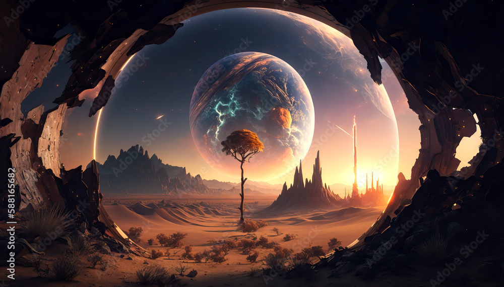 Poster looking at portal to another planet - generative ai