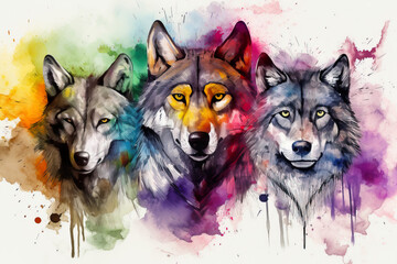 Fierce Wolf Pack in Vibrant Watercolor Style with Bold Brushstrokes