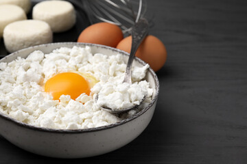 Different ingredients on grey table, space for text. Cooking cottage cheese pancakes