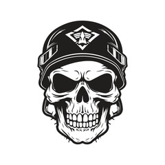military skull, logo concept black and white color, hand drawn illustration