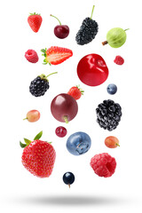 Many different fresh berries falling on white background