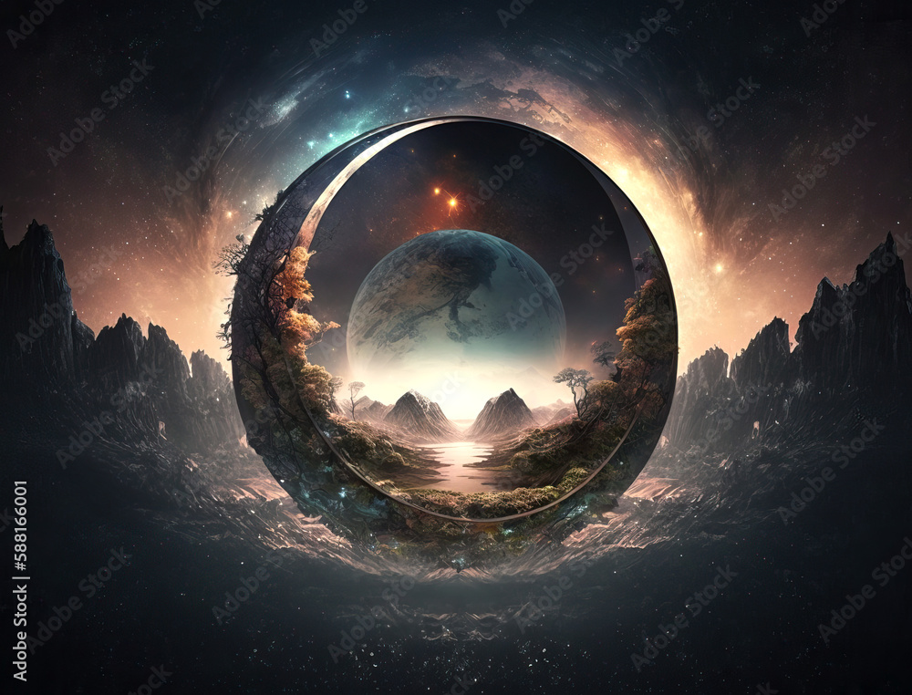 Poster looking at portal to another planet - generative ai