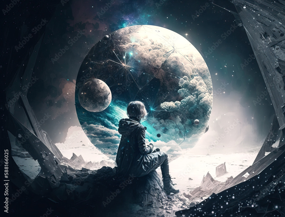 Poster looking at portal to another planet - generative ai