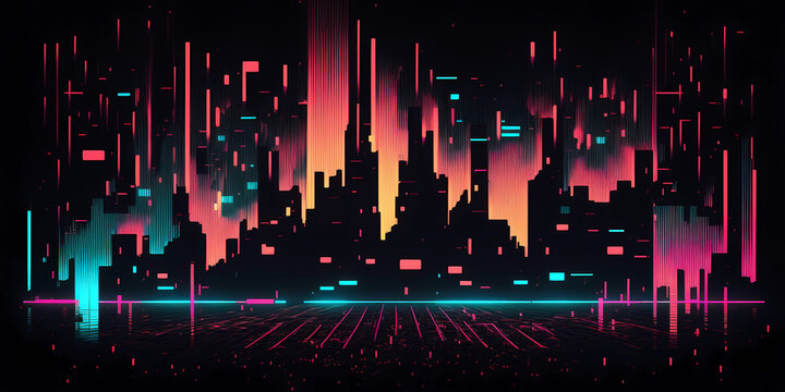 Tron city with neon lights in a metaverse desert. neon background. Futuristic wallpaper. futuristic neon background. Orange, pink, blue and Red glowing neon lines and broken lights. Created with Gener