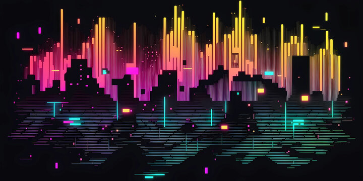 Tron city with neon lights in a metaverse desert. neon background. Futuristic wallpaper. futuristic neon background. Orange, pink, blue and Red glowing neon lines and broken lights. Created with Gener