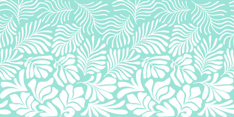 Fototapeta na wymiar Turquoise white abstract background with tropical palm leaves in Matisse style. Vector seamless pattern with Scandinavian cut out elements.