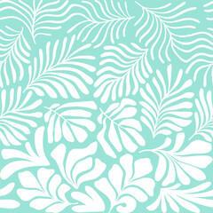Turquoise white abstract background with tropical palm leaves in Matisse style. Vector seamless pattern with Scandinavian cut out elements.