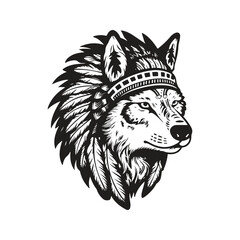 wolf indian, logo concept black and white color, hand drawn illustration