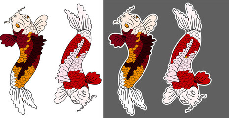 Hand drawn Koi carp on red background for auspiciousness of Chinese new year.Gold fish for festival on backdrops.Beautiful line art of koi fish.