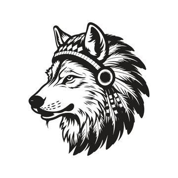 wolf indian, logo concept black and white color, hand drawn illustration