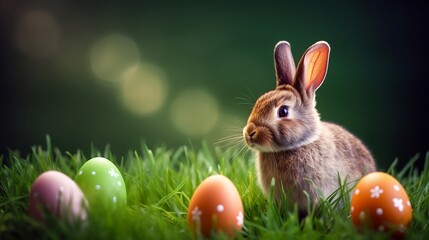 Brown Bunny and easter eggs on meadow, green background with space for text. Generative AI Art