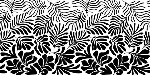 Black and white abstract background with tropical palm leaves in Matisse style. Vector seamless pattern with Scandinavian cut out elements.