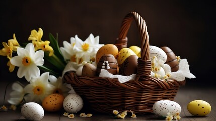 Aesthetic Easter Egg Basket (brown), perfect for easter card / background design / wallpaper. Generative AI Art