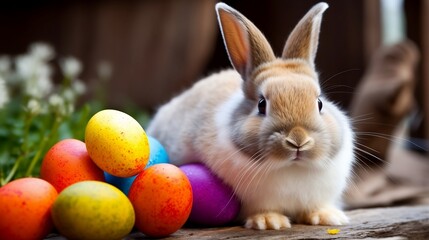 Cute Rabbit with colorful Easter Eggs infront of wooden background with flowers. Generative AiI Art