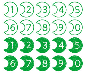 手描きのクレヨン素材　三日月形の数字アイコンセット