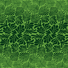 Naklejka na ściany i meble Green abstract background with tropical palm leaves in Matisse style. Vector seamless pattern with Scandinavian cut out elements.