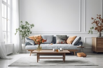 cozy living room with greenery and modern furniture. Generative AI