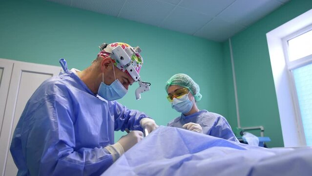 Professional doctor making incision using a scalpel. Female surgery nurse assisting the surgeon.