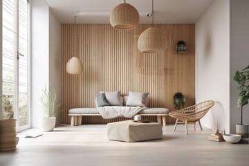 Fototapeta premium cozy living room with wooden accents and comfortable furniture. Generative AI