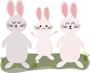 Cute Rabbits family in grass yard  vector illustration. Happy easter elements decoration. Kawaii Daddy mommy son rabbits family.