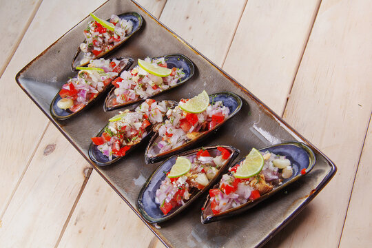 Choritos a la chalaca Peruvian food