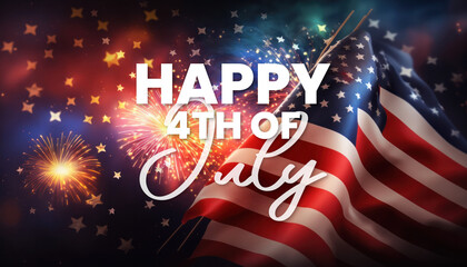 Happy 4th of july background with message, american flag and fireworks in beautiful colors generative ai